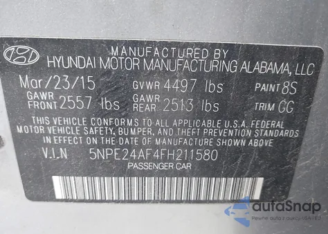 2015 Hyundai Sonata Se z USA, uszkodzony, nr VIN 5NPE24AF4FH211580